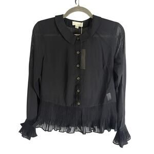 Anthropologie The Korner Sheer Button Blouse Pleated Ruffle Peter Pan Collar XS